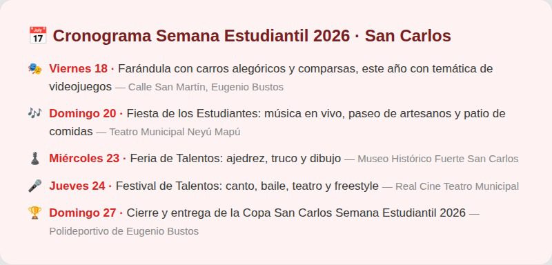 Cronograma Semana Estudiantil 2026 San Carlos: Farándula 18/9, Fiesta de los Estudiantes 20/9, Feria de Talentos 23/9, Festival de Talentos 24/9, cierre y Copa 27/9
