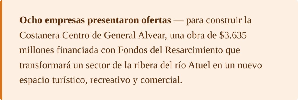 Ocho empresas presentaron ofertas para construir la Costanera Centro de General Alvear