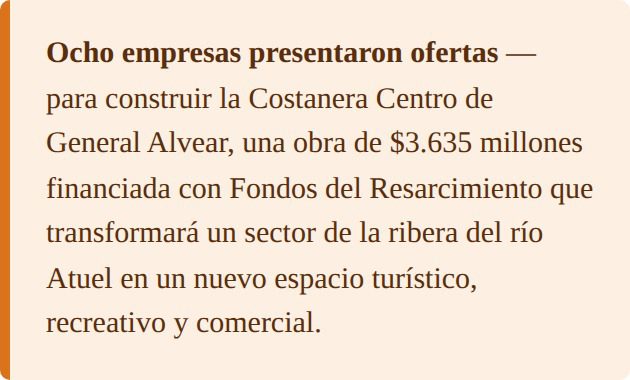 Ocho empresas presentaron ofertas para construir la Costanera Centro de General Alvear