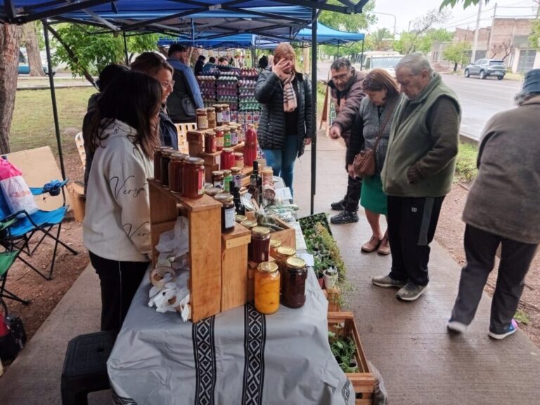 Vecinos recorren el puesto de plantines y productos artesanales