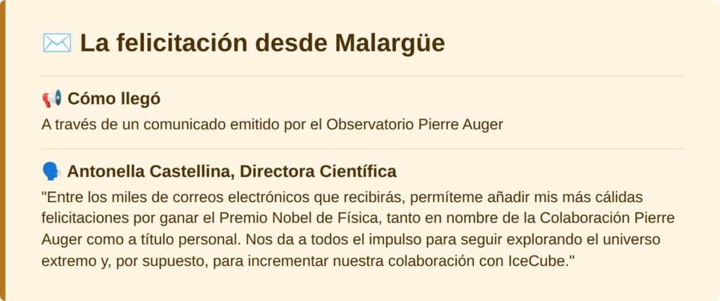 La felicitación del Observatorio Pierre Auger