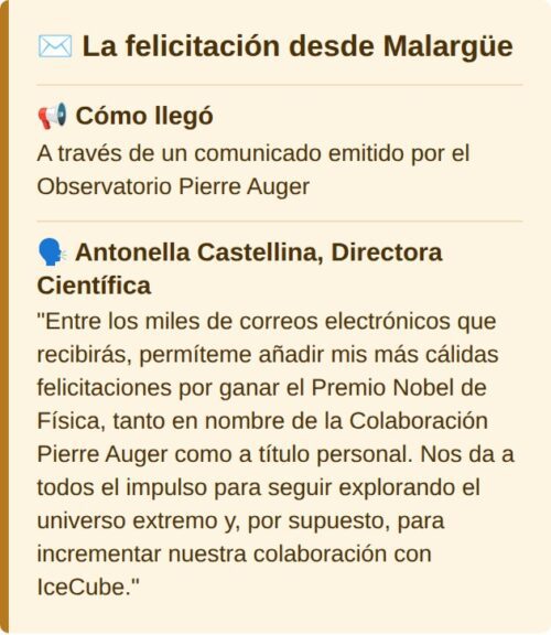 La felicitación del Observatorio Pierre Auger