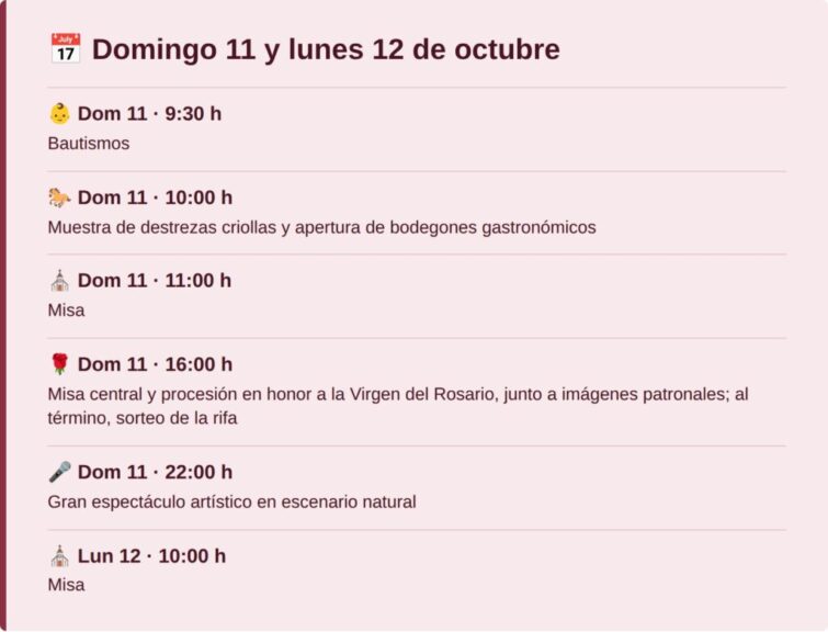 Cronograma del domingo 11 y lunes 12 de octubre