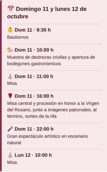 Cronograma del domingo 11 y lunes 12 de octubre