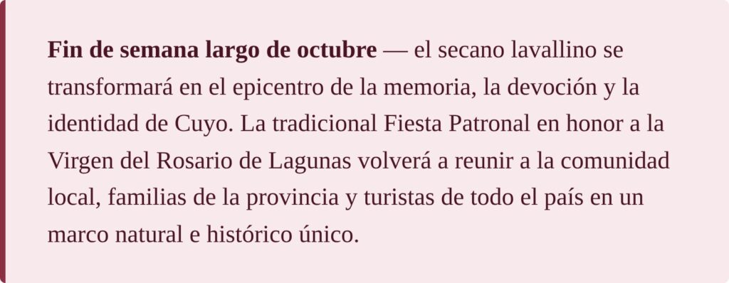 Fin de semana largo de octubre: Fiesta Patronal de Lagunas del Rosario