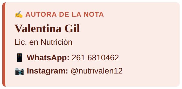 Autora de la nota: Valentina Gil, Lic. en Nutrición. WhatsApp 261 6810462. Instagram @nutrivalen12