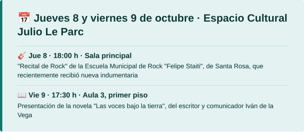 Jueves 8 y viernes 9 de octubre en el Espacio Cultural Julio Le Parc