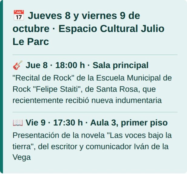Jueves 8 y viernes 9 de octubre en el Espacio Cultural Julio Le Parc