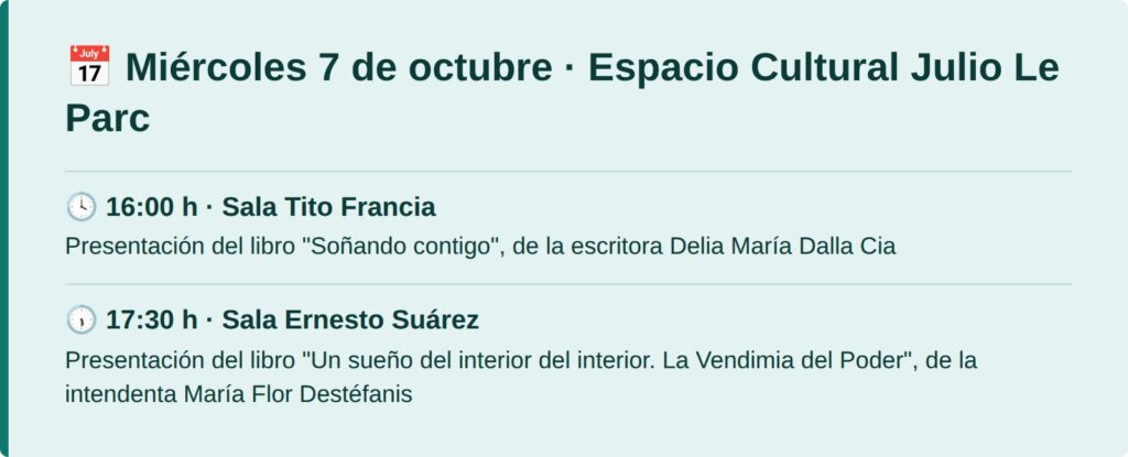 Miércoles 7 de octubre en el Espacio Cultural Julio Le Parc