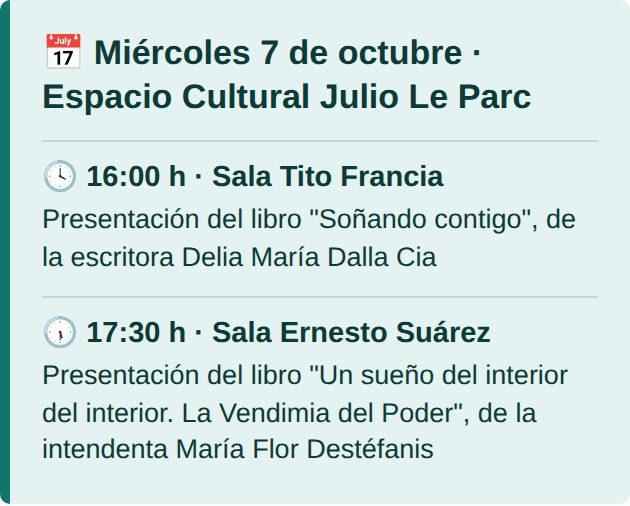 Miércoles 7 de octubre en el Espacio Cultural Julio Le Parc