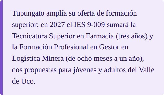 Resumen de las nuevas propuestas del IES 9-009 de Tupungato